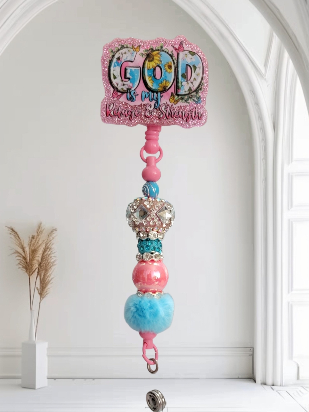 God is My Refuge & Strength Pink and Blue Decorative Bead Badge Reel